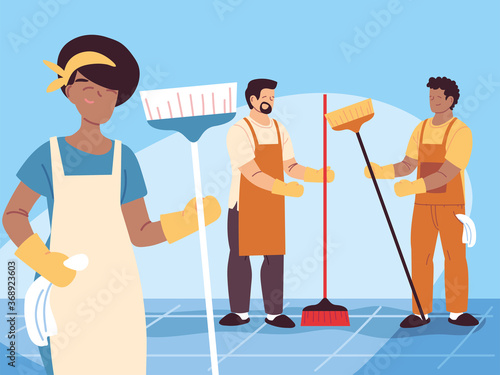 hygiene staff work as a team, janitors cleaning service
