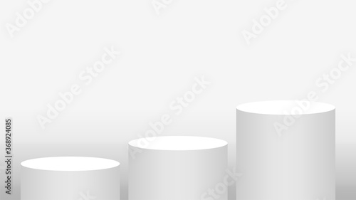 pedestal cylinder circle 3 steps for cosmetics showcase, podium circle stage white grey and silver color, platform three steps and advertising copy space, podium round five layers of product display