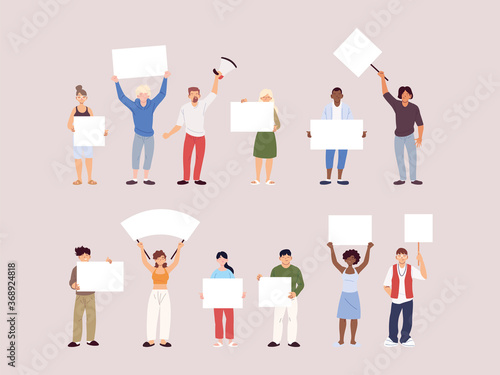 set of people with banners and signs are protesting