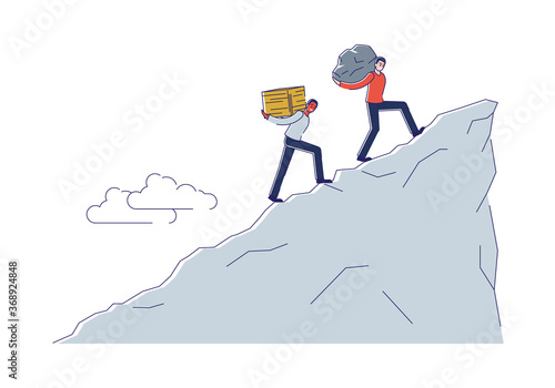 People carrying heavy burden up to hill. Financial metaphor of debt, tax, crisis and bankruptcy