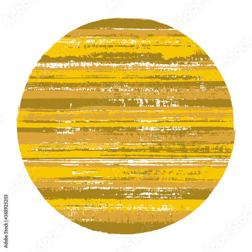 Vintage circle vector geometric shape with striped texture of ink horizontal lines. Old paint texture disk. Emblem round shape circle logo element with grunge background of stripes.