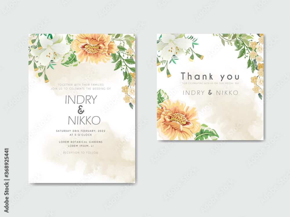 beautiful and elegant wedding invitation with flower and leaves concept