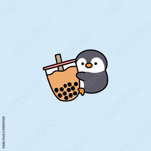 Cute penguin loves bubble tea cartoon, vector illustration