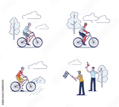 Group of cyclists on bikes riding. Bicycle race competition set with bicyclists and referee