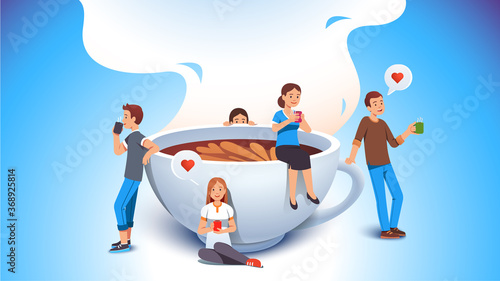 Man and woman of coffee lovers sitting around cup