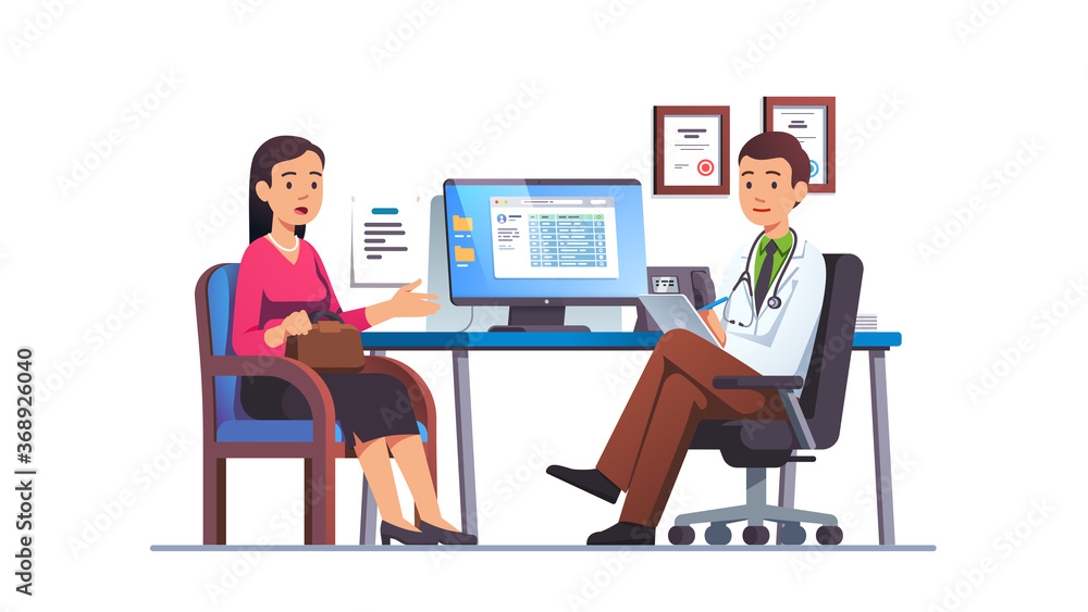 Woman talking to primary care physician man Woman talking to primary care physician man