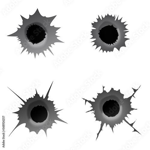Bullet hole on white background. Set of realisic metal bullet hole, damage effect. Vector illustration.