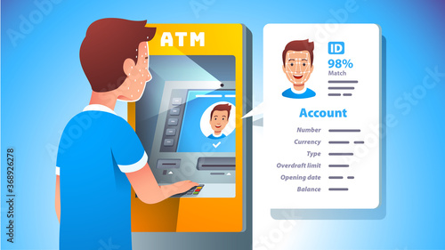 ATM face recognition. Man using cash machine