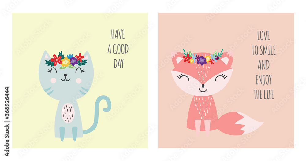 Cute animals wearing flower crowns - cartoon baby cat and fox card set Cute animals wearing flower crowns - cartoon baby cat and fox card set