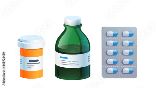 Meds, pill blister, glass bottle with medicine