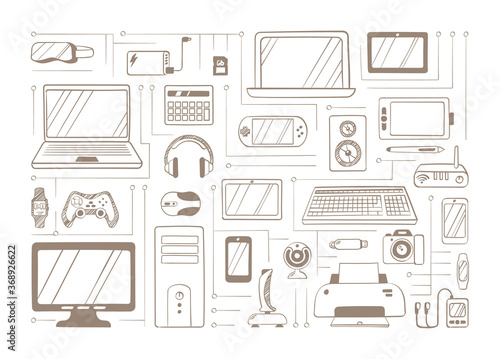 Electronic handdrawn gadgets sketches set. Devices headphones with virtual glasses gaming equipment drawn on paper squared laptop stationary PC joysticks keyboard. Doodle portable vector.