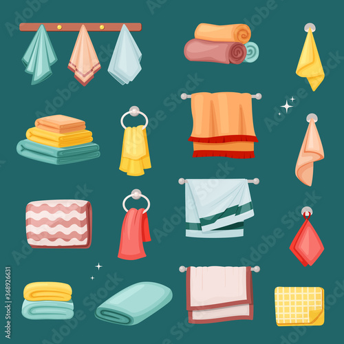 Bath towels and kitchen set. Textile colored fabric soft restaurants spa salons in hotels scented terry beach rough stacked wiping dishes bright fashion collection household. Vector cartoon art.