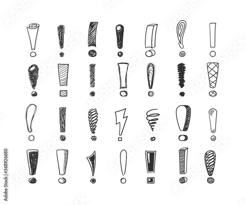 Exclamation marks handdrawn sketch set. Lightning idea swirling and in form symbols black informational attention made different geometric lines. Doodle vector.