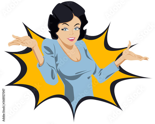 Cute woman in perplexity. Beautiful girl holding her hands out. Funny people.