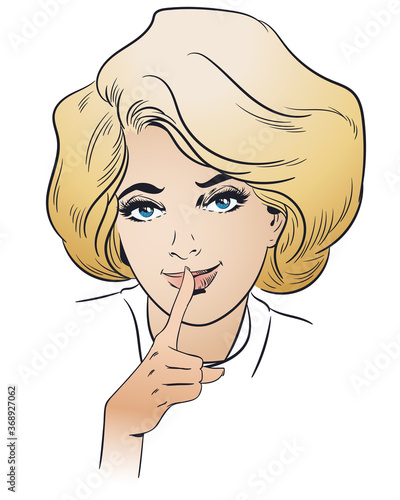 Portrait sly girl. Smiling girl in puts forefinger to lips. Stock illustration.