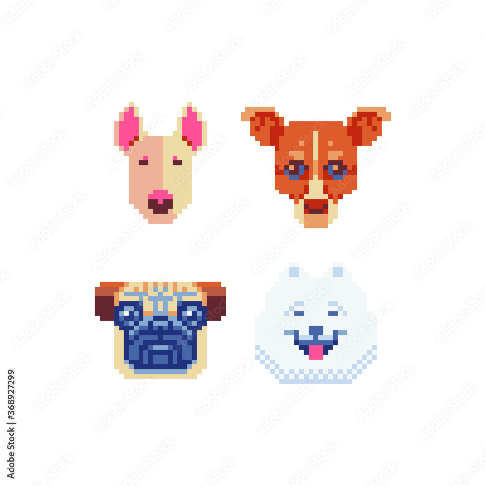 Dog faces characters, 16 Bit pixel art animals icon set, design for logo, sticker, web, logo shop, mobile app, isolated vector illustration. Dog head. Game assets 8-bit sprite.