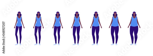 Woman body weight concept, Vector flat person illustration set. Collection of african american females in casual outfit. Slim to muscular. Normal to overweight. Front view. Design for infographic