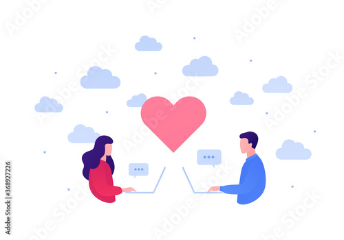 Dating online app and relationship concept. Vector flat person illustration. Man and woman sitting with laptop. Heart shape and talk bubble sign. Love emotion. Design element for banner, web.