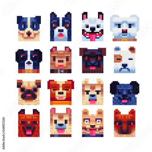 Dog faces characters, 16 Bit pixel art animal emoji icon set, design ...