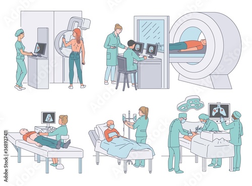 Cancer patients and doctors in hospital - cartoon set of people