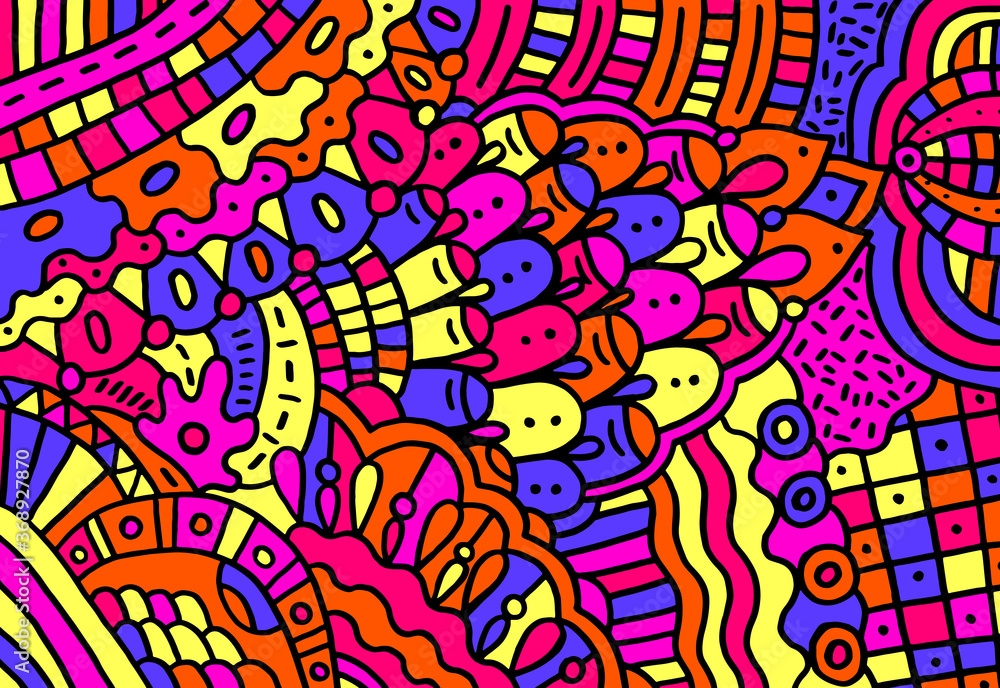 Doodle colorful cartoon pattern.Trippy backdrop with floral abstract motifs. Psychedelic texture. Zentangle pattern. Vector illustration