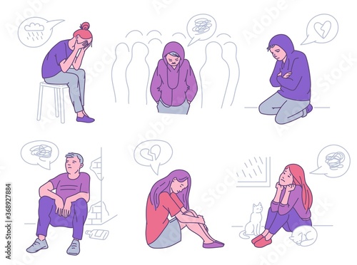 Lonely person set - sad people with broken heart and loneliness