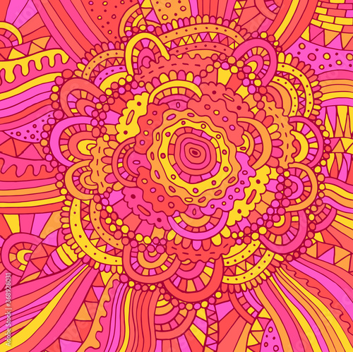 Floral doodle trippy psychedelic mandala artwork. Line multicolor realistic drawing. Doodle pink rose flower. Vector illustration