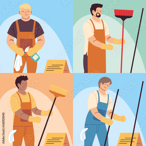 set of cleaning workers, professional cleaning staff, domestic cleaner worker and cleaners equipment