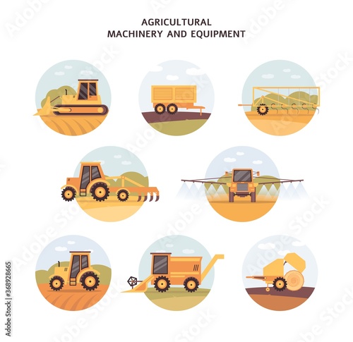 Set agricultural machinery and equipment icons, vector illustration isolated.