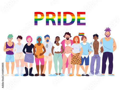 group of people with LGBTQ gay pride symbol, equality and gay rights