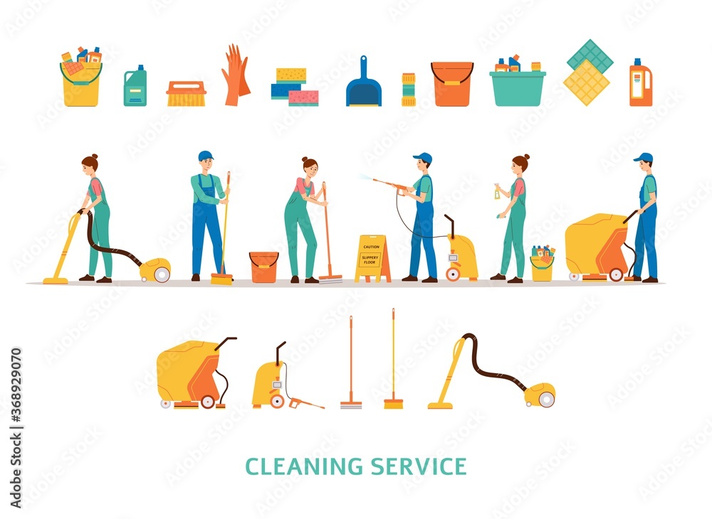 Cleaning service workers and equipment set isolated on white background Cleaning service workers and equipment set isolated on white background