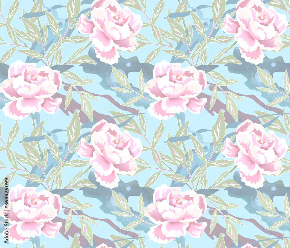 Seamless retro floral pattern.White-pink peony flowers on a light blue background.