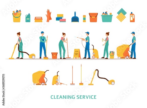 Cleaning service workers and equipment set isolated on white background