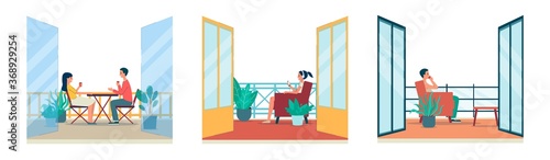 Balcony or terrace interiors with people, flat vector illustrations set isolated.