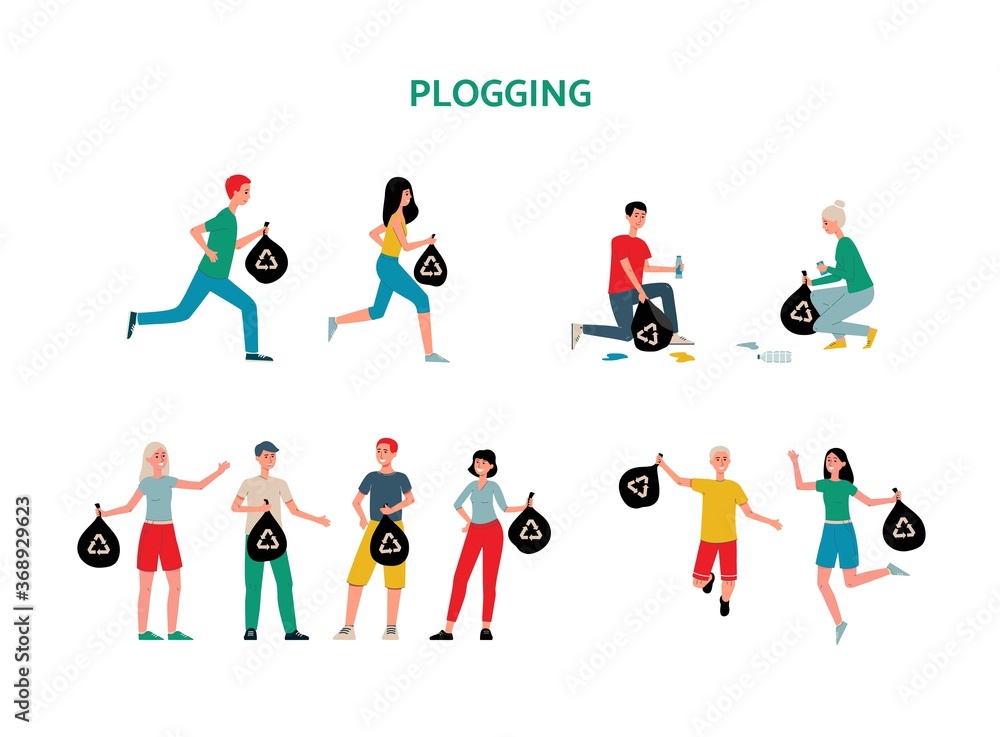 Plogging initiative characters and icons set, flat vector illustration isolated.
