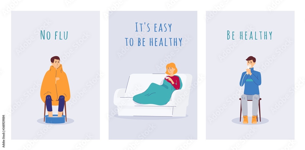 Set of banners for explanation of flu and cold prevention and treatment methods, flat vector illustration.