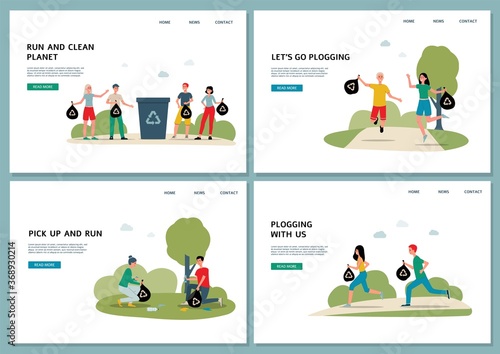Plogging ecological running maraphone web banners flat vector illustration on white background.
