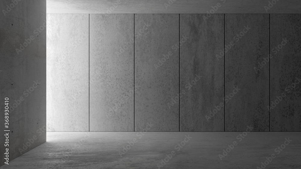 Abstract empty, modern concrete walls room with indirect lit panel backwall from the left and rough floor - industrial interior or gallery background template Abstract empty, modern concrete walls room with indirect lit panel backwall from the left and rough floor - industrial interior or gallery background template