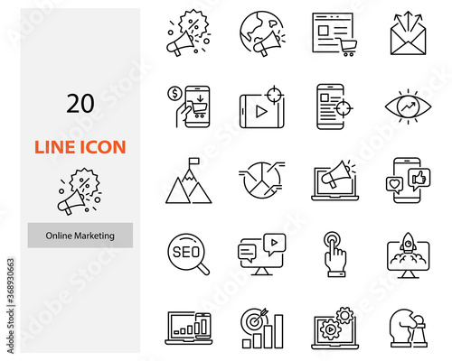 set of online marketing line icons, advertise, seo