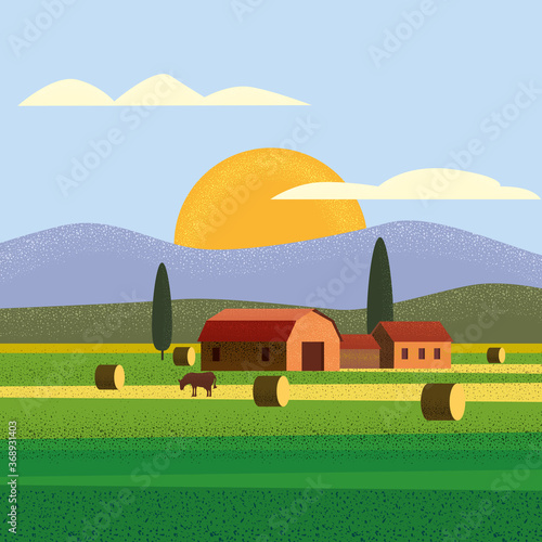 Rural farm landscape field country house, cows. Summer hills sunset farmland