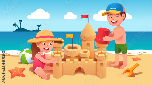 Boy, girl building sandcastle on summer sea beach