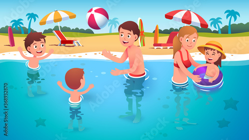 Kids, parents having fun playing beach ball game