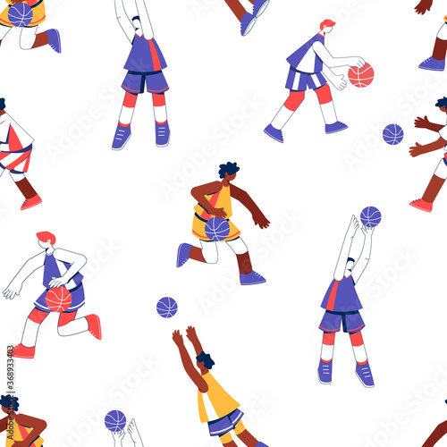 Basketball seamless pattern. Isolated flat characters on white background. 
