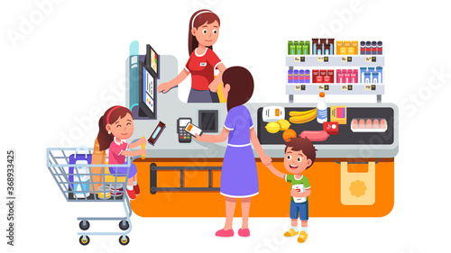 Mother with kids buying groceries at supermarket