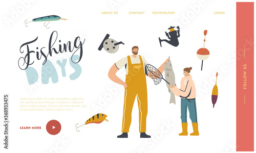 Father and Daughter Characters Fishing Landing Page Template. Fisherman Holding Fish, Outdoor Relaxing Summertime Hobby