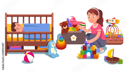 Mother cleaning up child bedroom picking toys