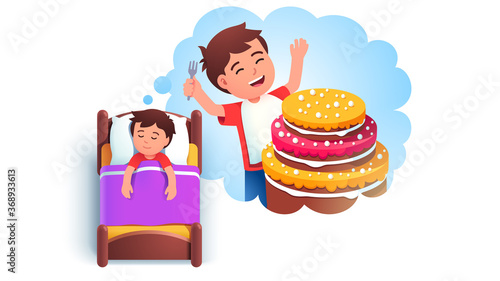 Boy kid sleeping in bed dreaming of eating cake