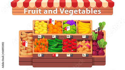 Fruit, vegetables supermarket shop aisle or stall
