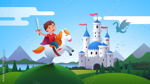 Boy kid medieval horseman knight riding horse