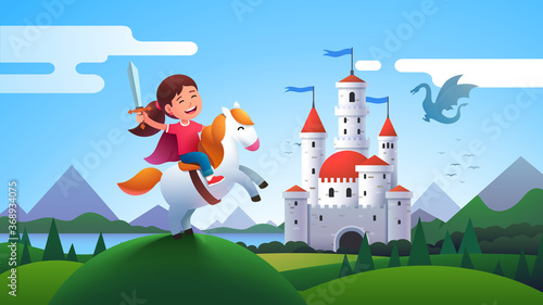 Girl kid medieval horseman knight riding horse